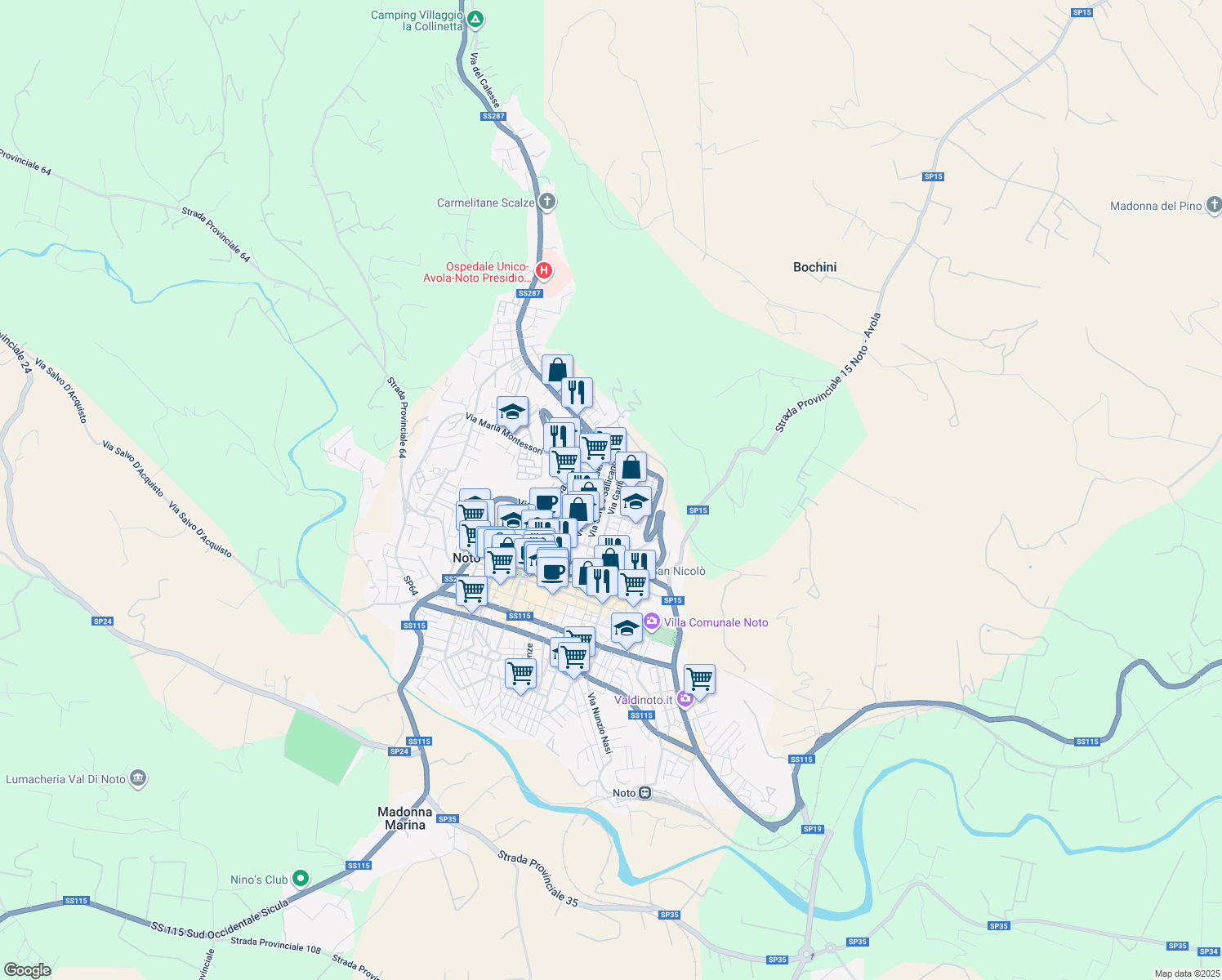 map of restaurants, bars, coffee shops, grocery stores, and more near Vico Urbino in Noto