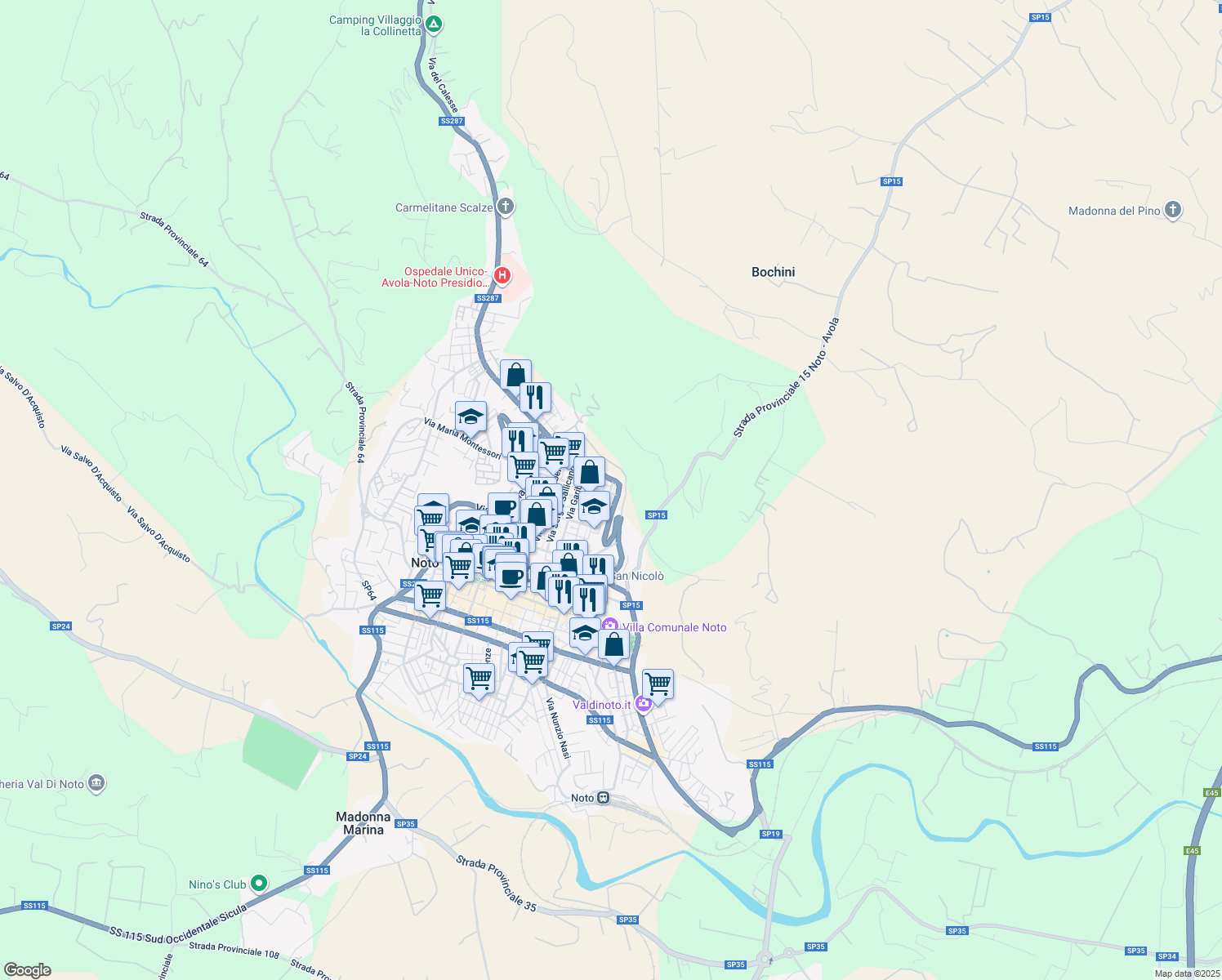 map of restaurants, bars, coffee shops, grocery stores, and more near 38 Via Andrea Barbazio in Noto
