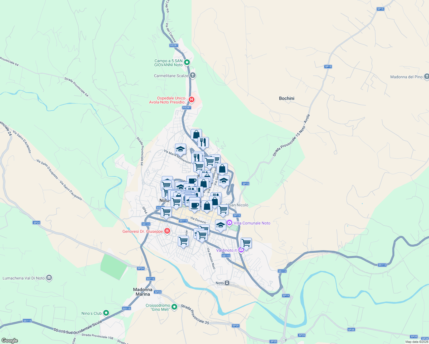 map of restaurants, bars, coffee shops, grocery stores, and more near Vico Milazzo in Noto