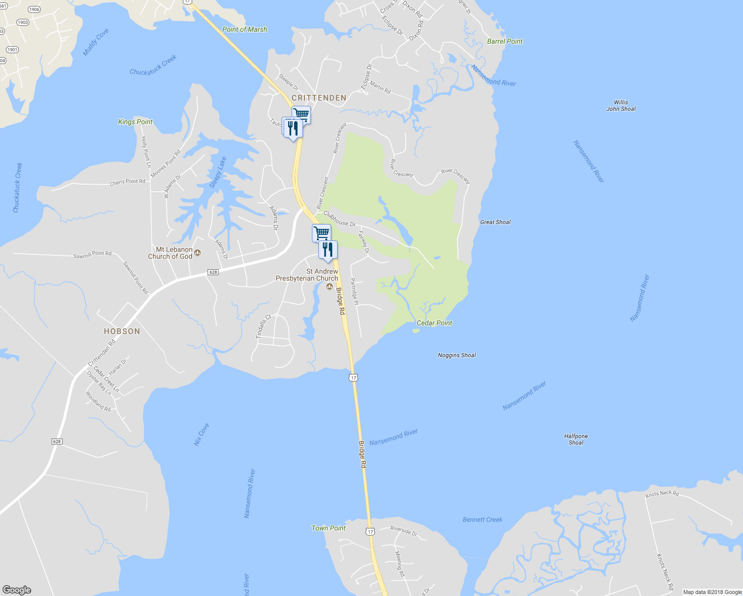 map of restaurants, bars, coffee shops, grocery stores, and more near 8008 Quail Hollow in Suffolk