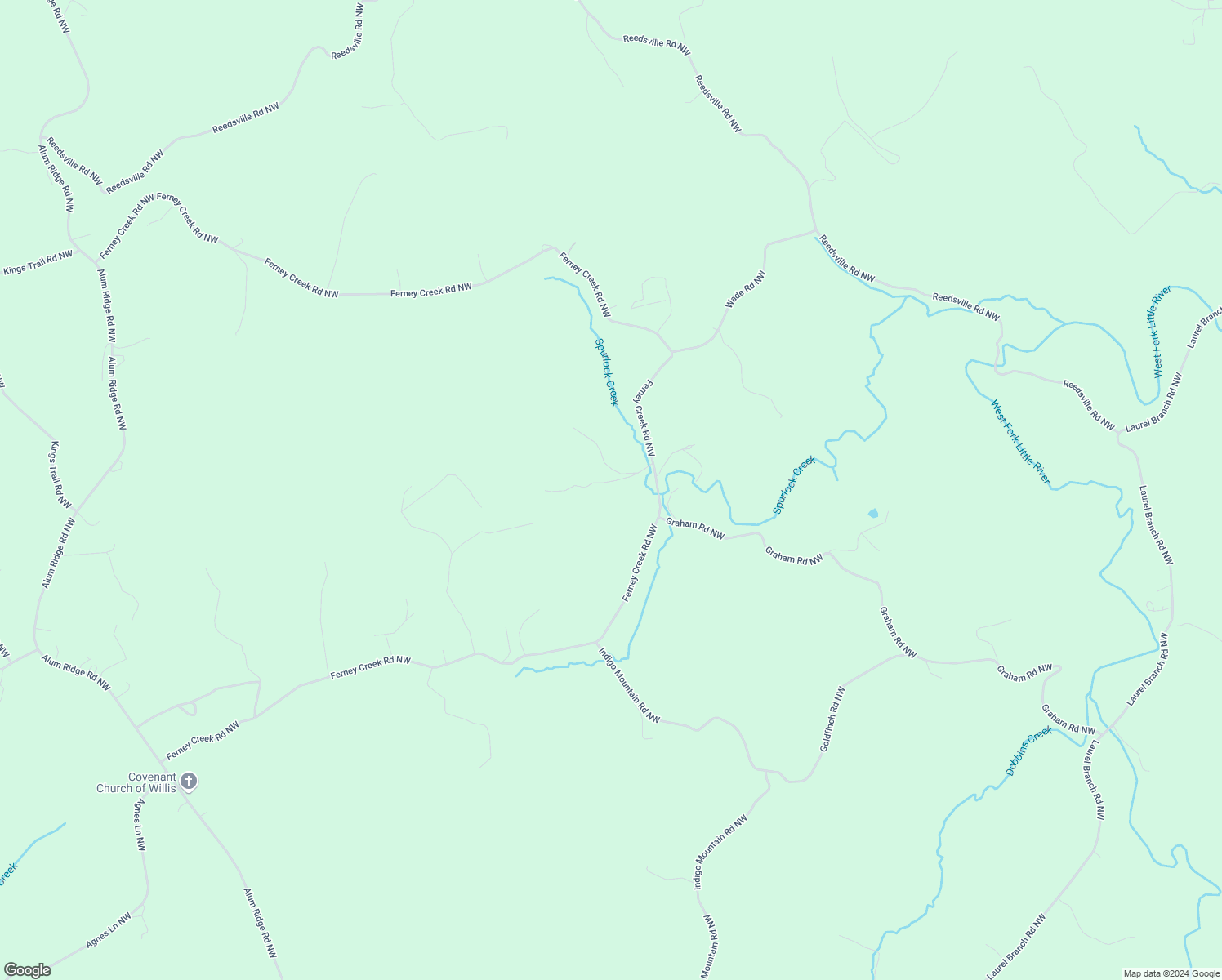 map of restaurants, bars, coffee shops, grocery stores, and more near 1016 Ferney Creek Road Northwest in Willis