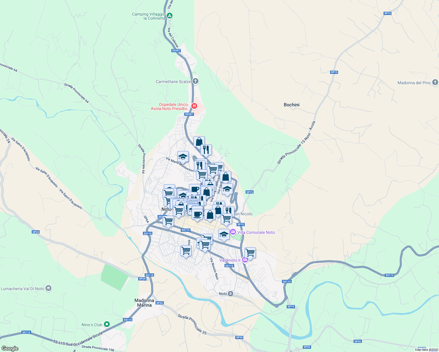 map of restaurants, bars, coffee shops, grocery stores, and more near 8 Vico Mentana in Noto