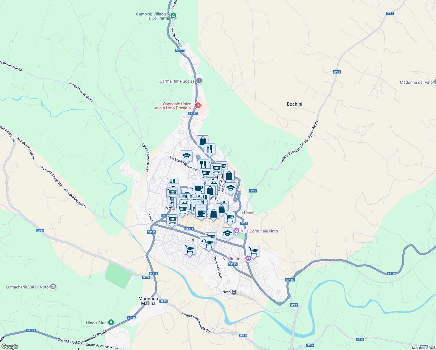 map of restaurants, bars, coffee shops, grocery stores, and more near Ronco Aleandro Girolamo in Noto