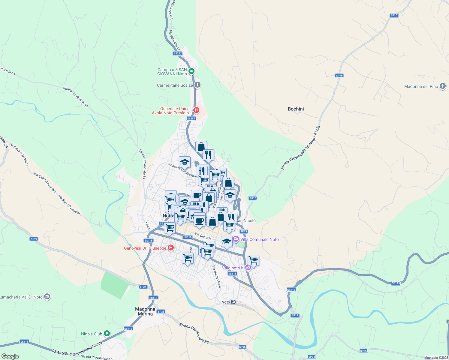map of restaurants, bars, coffee shops, grocery stores, and more near 8 Vico Mentana in Noto