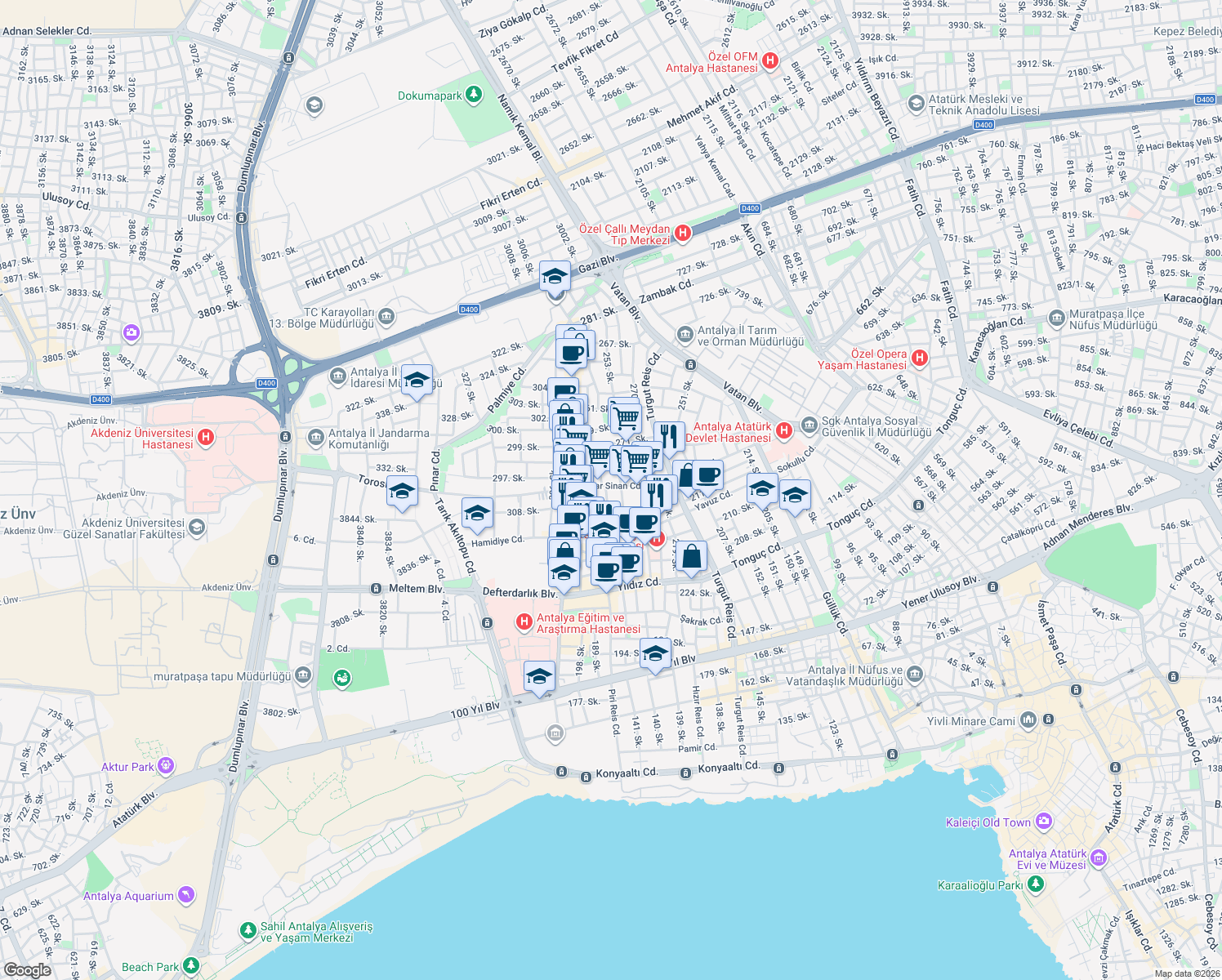 map of restaurants, bars, coffee shops, grocery stores, and more near 1 243. Sokak in Muratpaşa