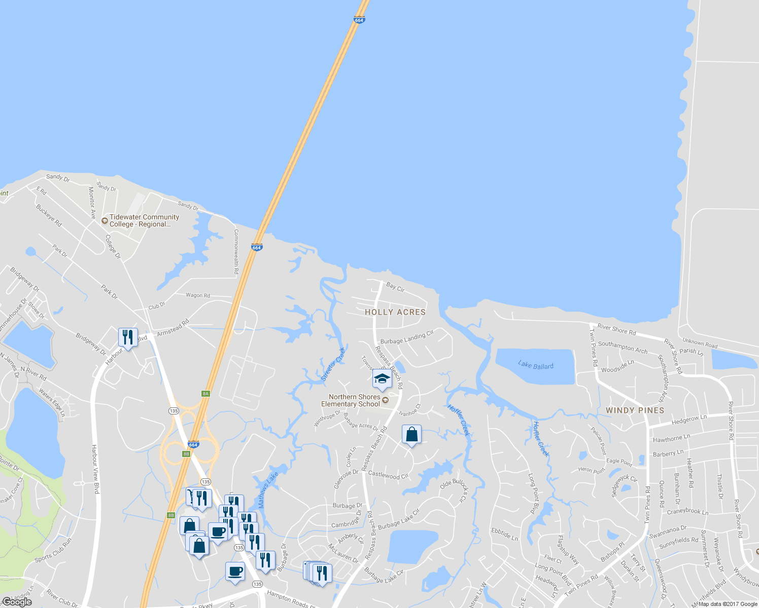 map of restaurants, bars, coffee shops, grocery stores, and more near 5329 James Avenue in Suffolk