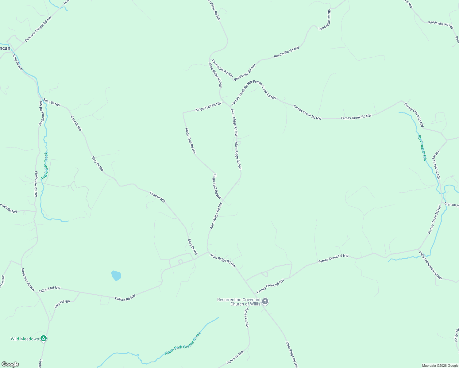 map of restaurants, bars, coffee shops, grocery stores, and more near 1262 Alum Ridge Road Northwest in Willis