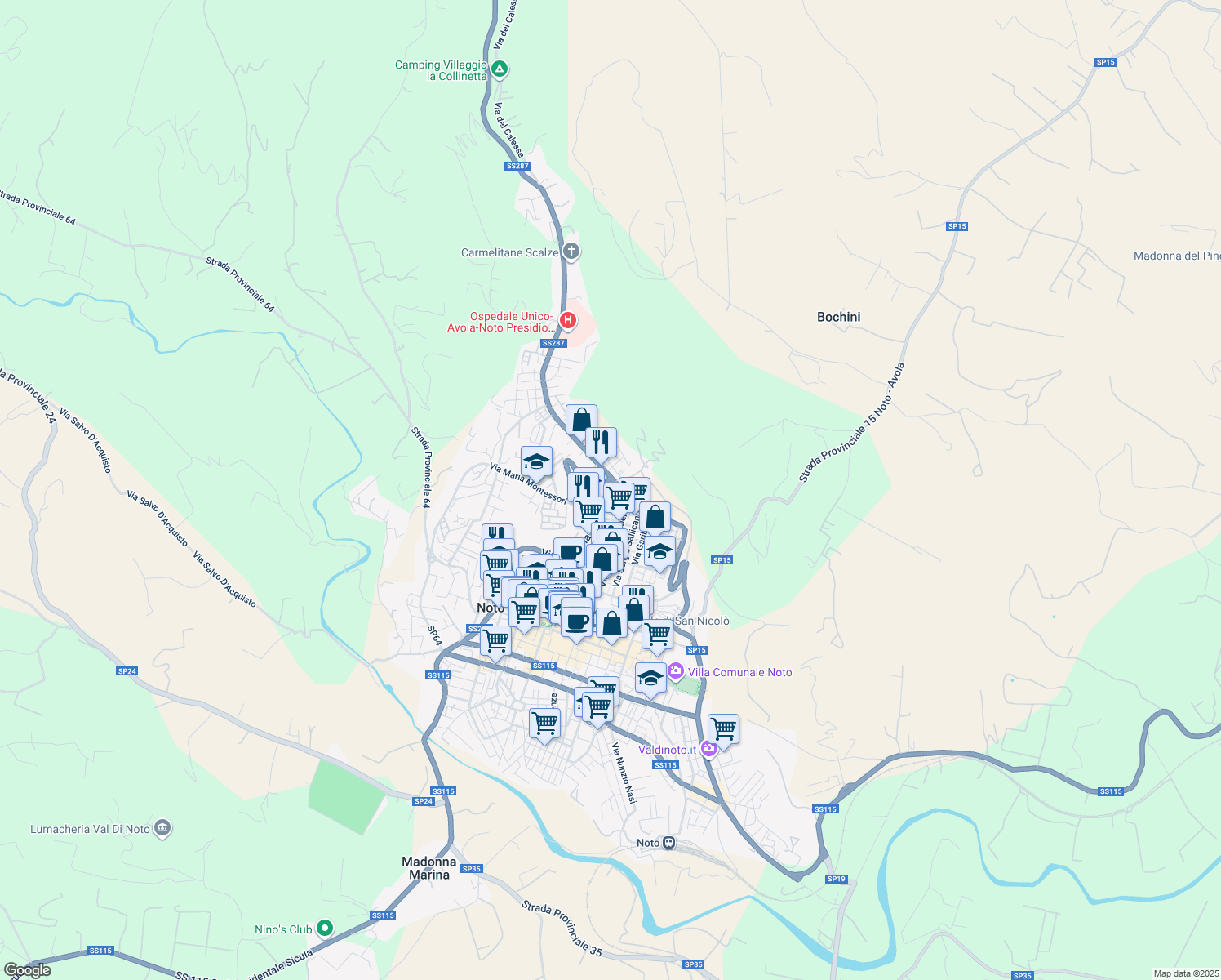 map of restaurants, bars, coffee shops, grocery stores, and more near Vico G. Aleandro in Noto