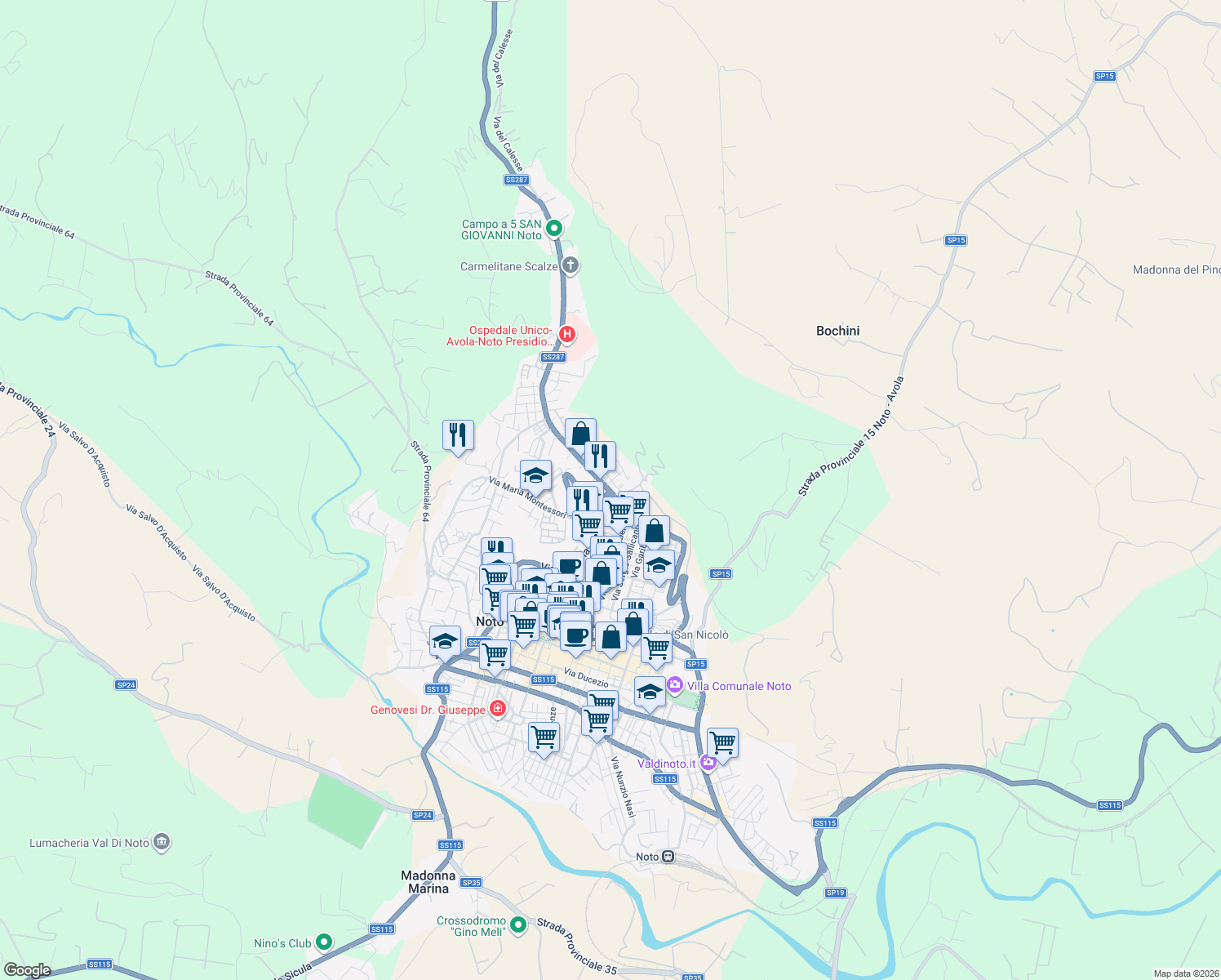 map of restaurants, bars, coffee shops, grocery stores, and more near 26 Vico G. Messina in Noto