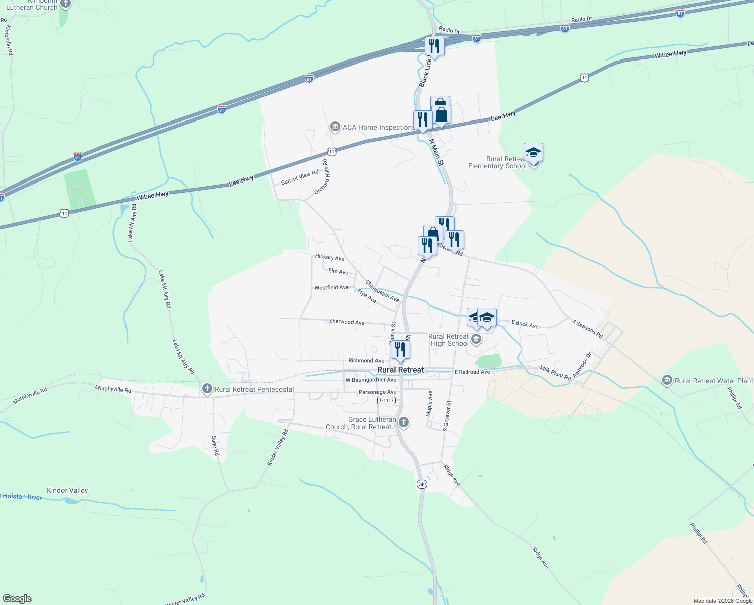 map of restaurants, bars, coffee shops, grocery stores, and more near 236 Frye Ave in Rural Retreat