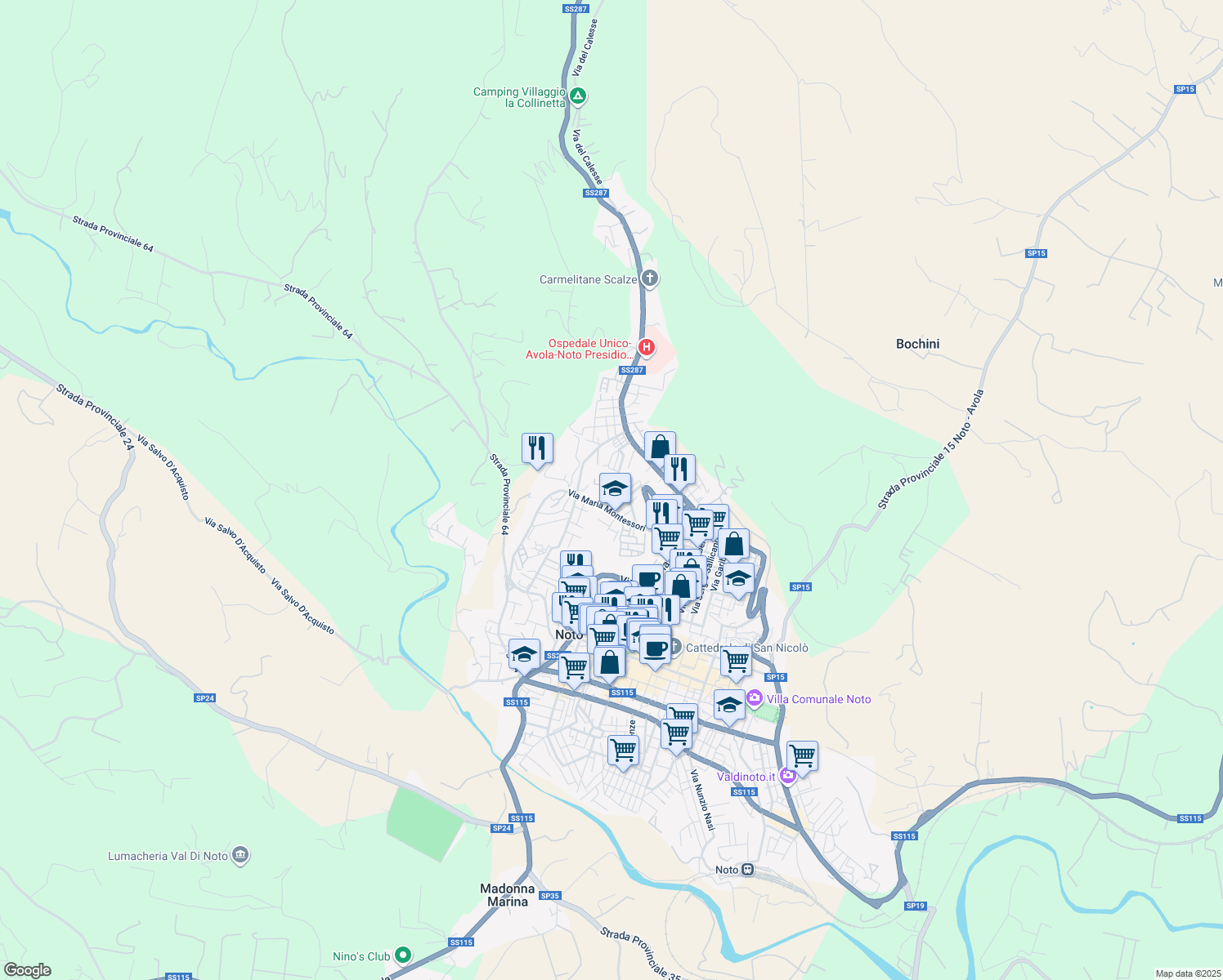 map of restaurants, bars, coffee shops, grocery stores, and more near 16 Via Benvenuti in Noto