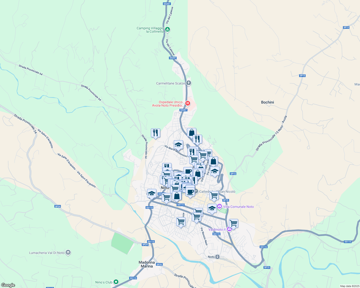 map of restaurants, bars, coffee shops, grocery stores, and more near 16 Via Benvenuti in Noto