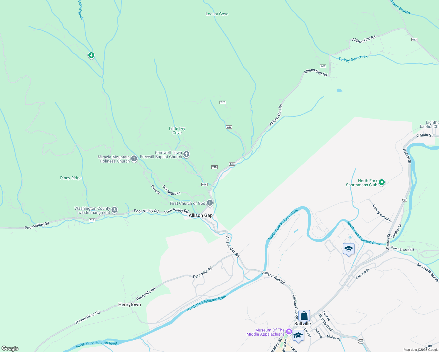 map of restaurants, bars, coffee shops, grocery stores, and more near 865 Allison Gap Road in Saltville