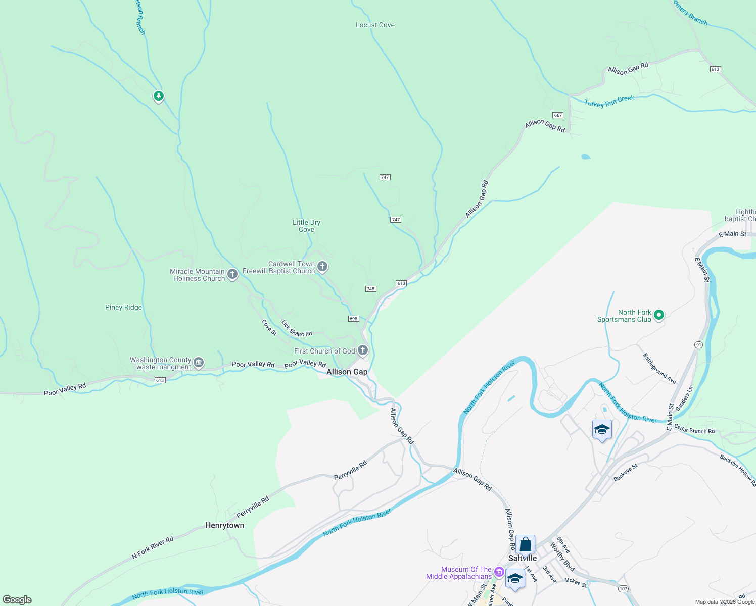 map of restaurants, bars, coffee shops, grocery stores, and more near 865 Allison Gap Road in Saltville