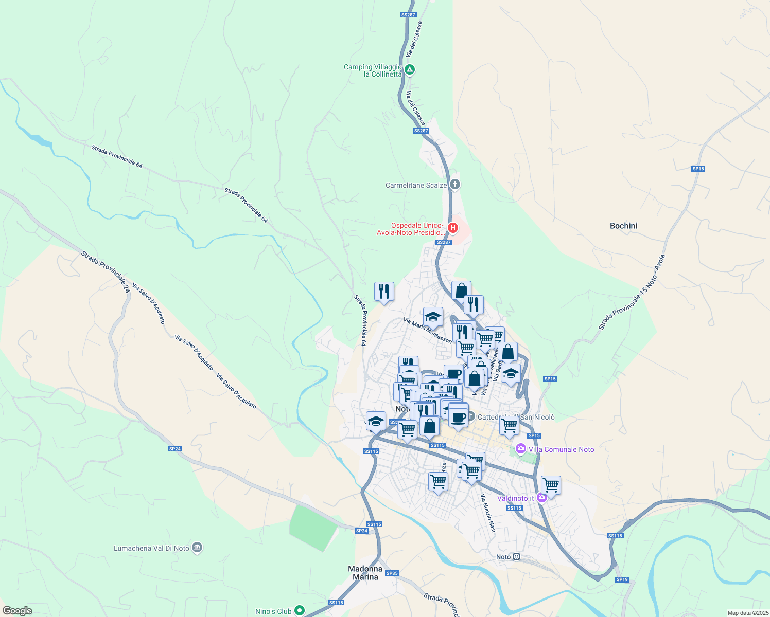 map of restaurants, bars, coffee shops, grocery stores, and more near Contrada Fiumara in Libero consorzio comunale di Siracusa