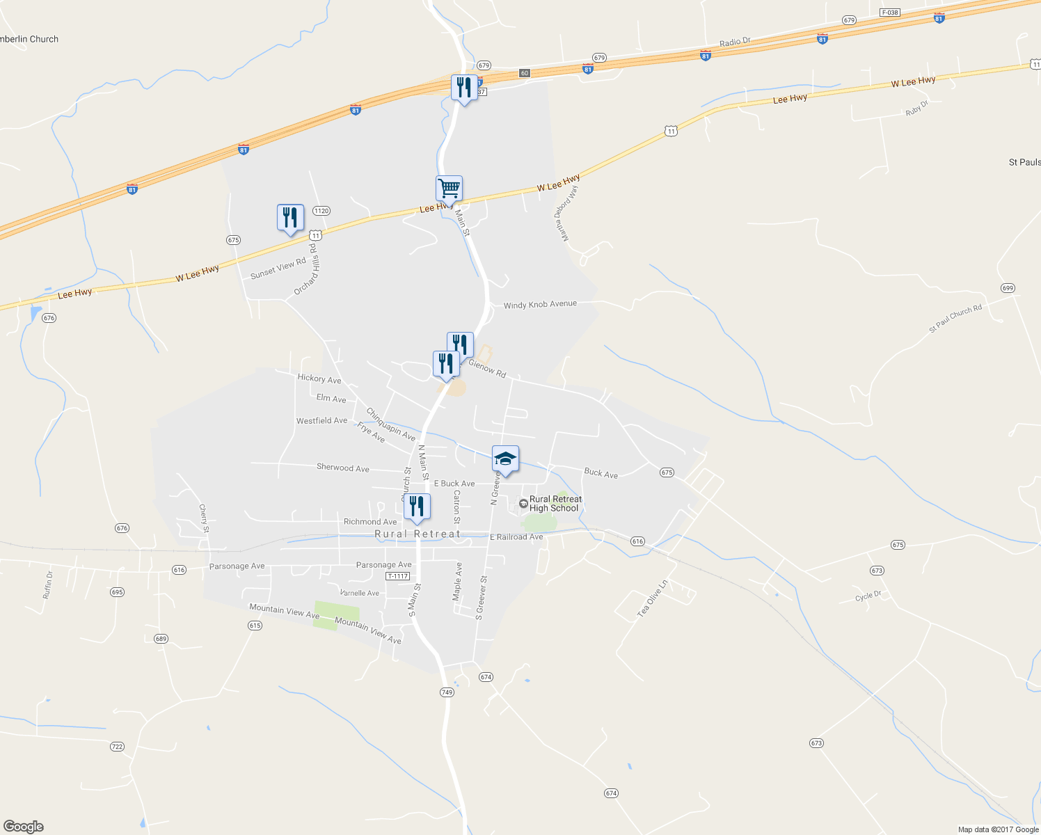 map of restaurants, bars, coffee shops, grocery stores, and more near Circle Drive in Rural Retreat