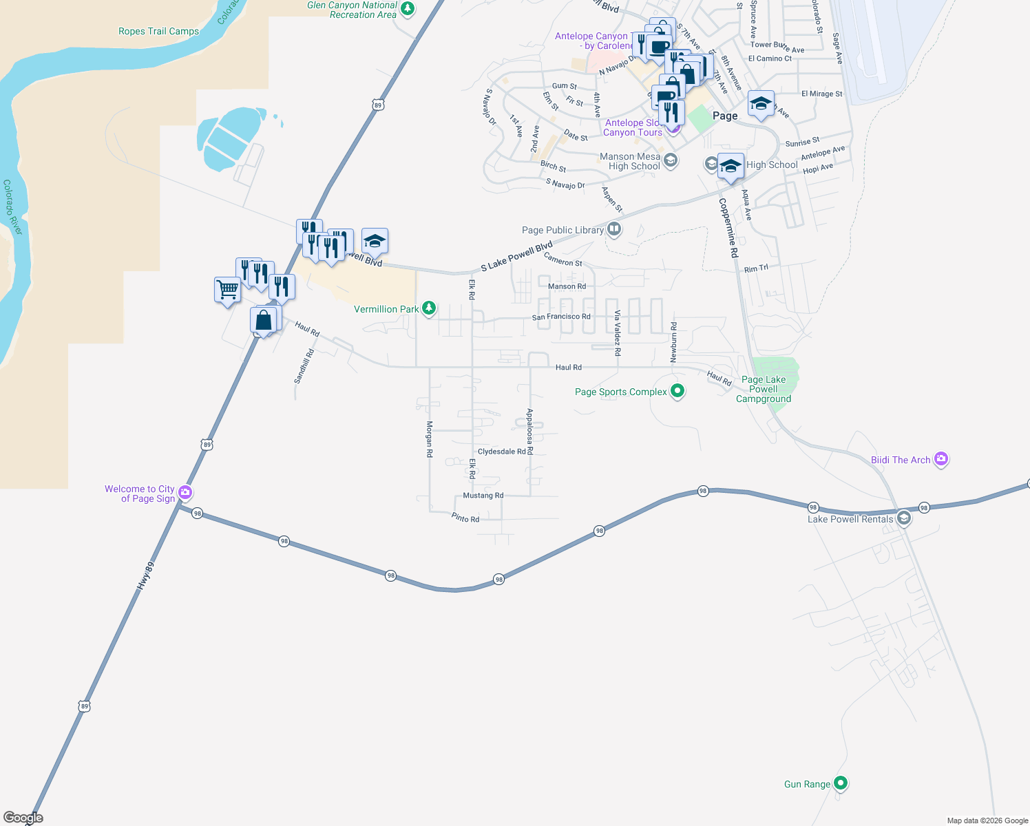 map of restaurants, bars, coffee shops, grocery stores, and more near 230 Appaloosa Road in Page