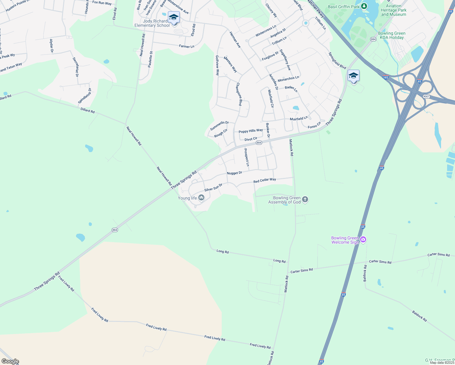 map of restaurants, bars, coffee shops, grocery stores, and more near Morning Dove Court in Bowling Green