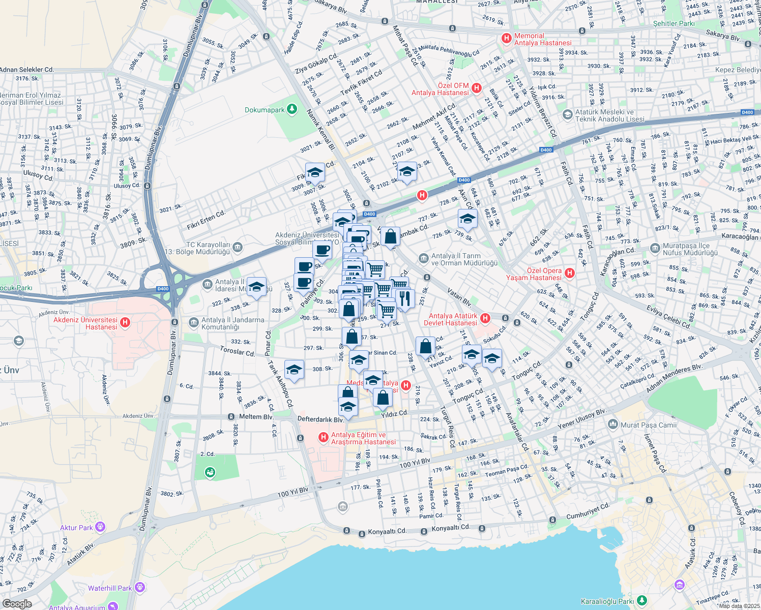 map of restaurants, bars, coffee shops, grocery stores, and more near 253. Sokak in Muratpaşa