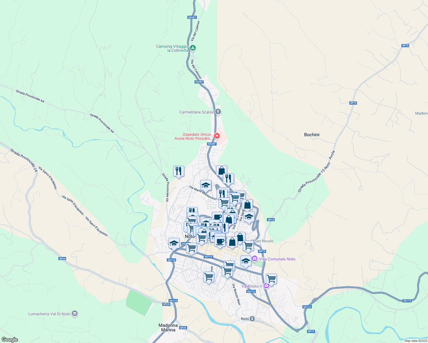 map of restaurants, bars, coffee shops, grocery stores, and more near Strada Statale 287 in Noto
