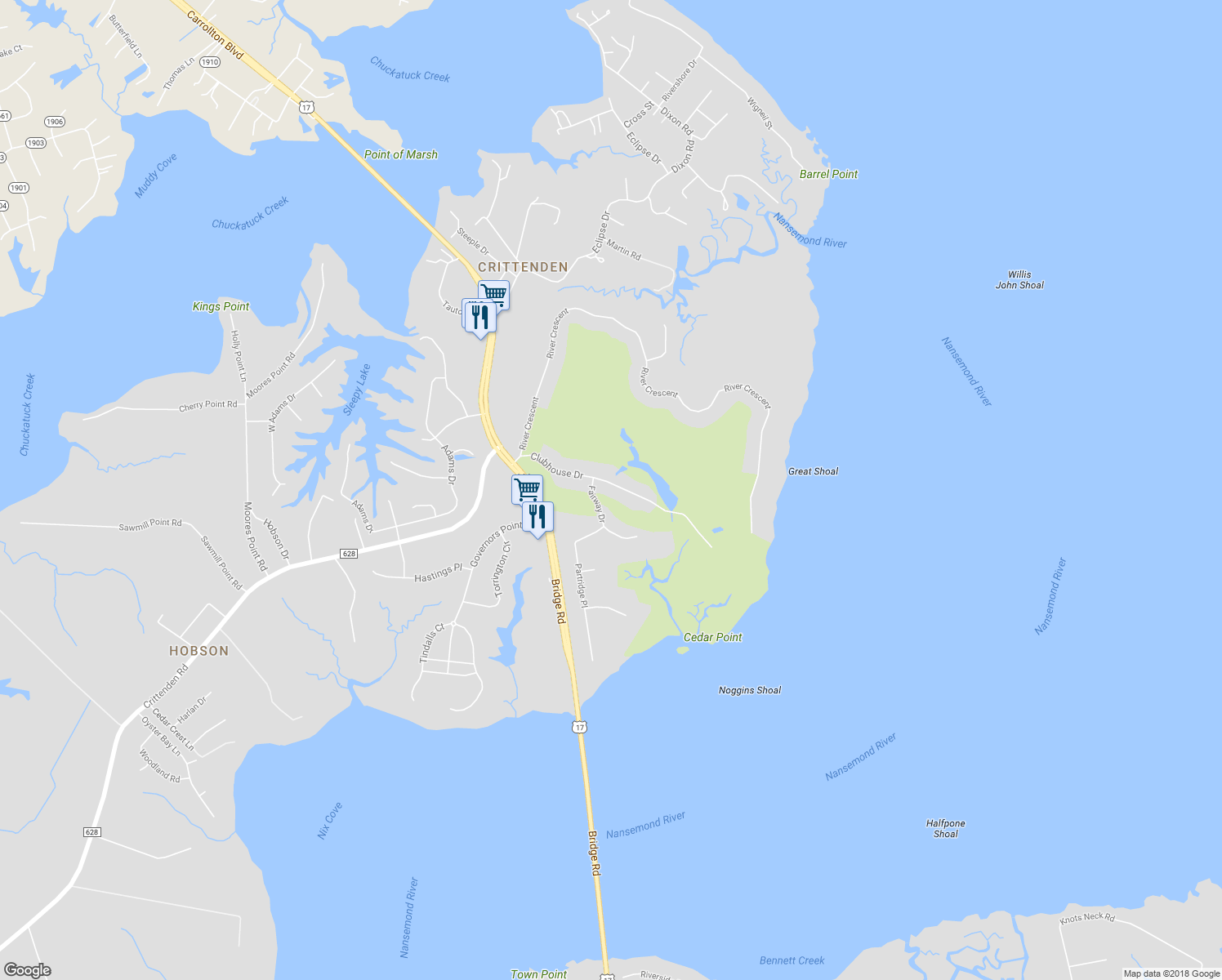 map of restaurants, bars, coffee shops, grocery stores, and more near 8041 Clubhouse Drive in Suffolk