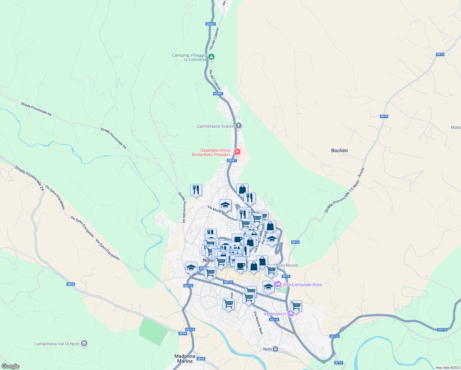 map of restaurants, bars, coffee shops, grocery stores, and more near Strada Statale 287 in Noto