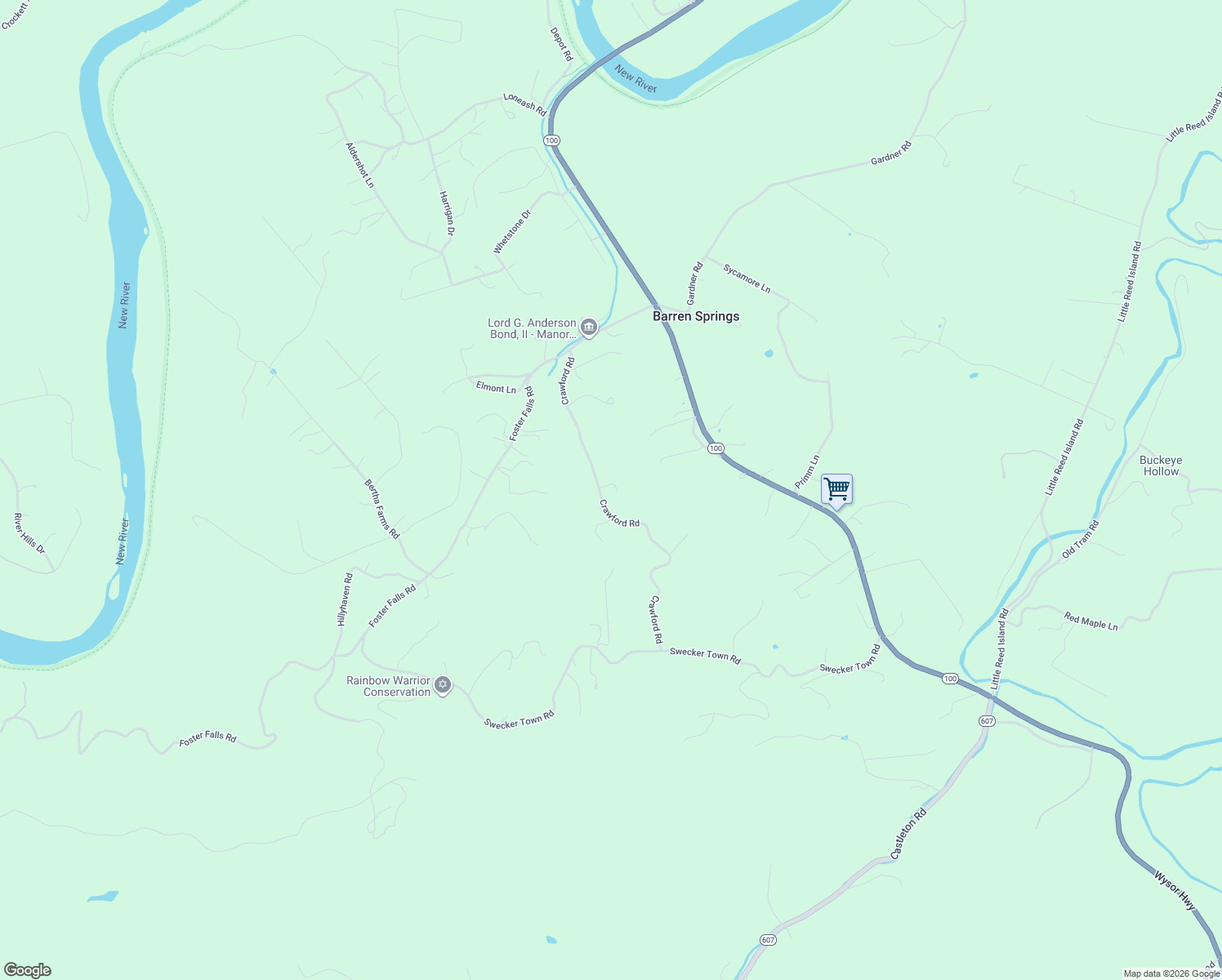 map of restaurants, bars, coffee shops, grocery stores, and more near 322 Crawford Road in Barren Springs