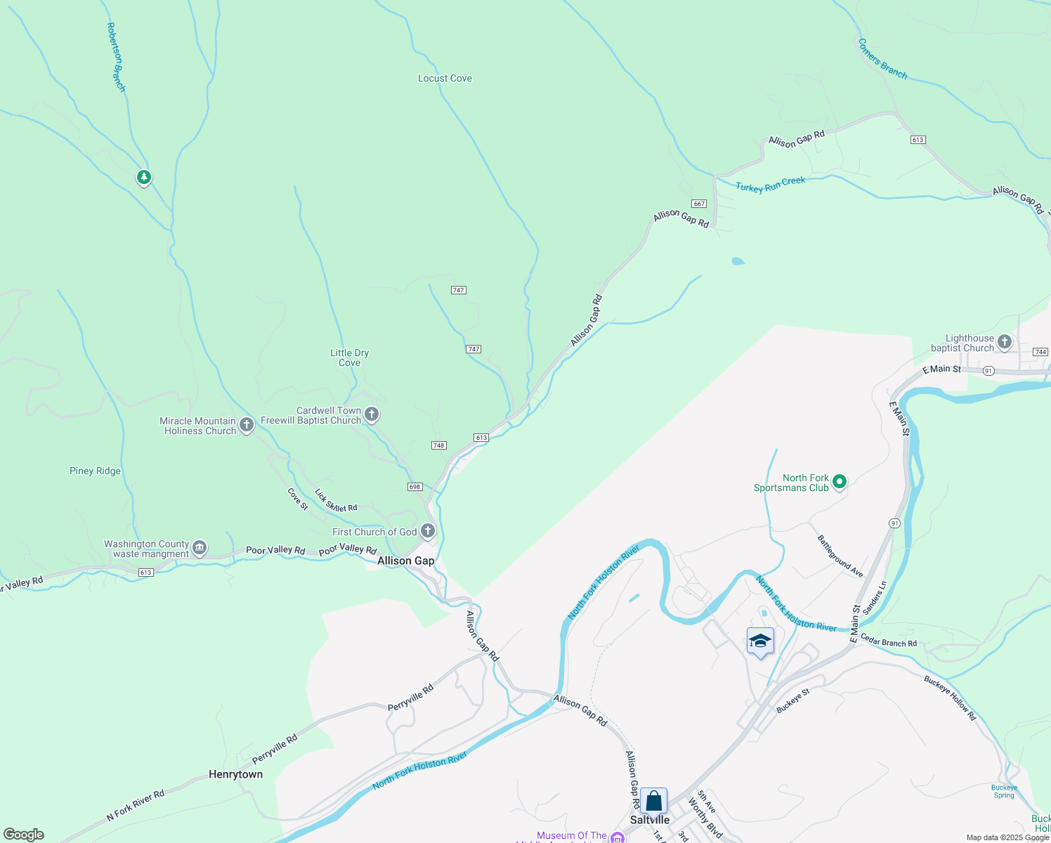 map of restaurants, bars, coffee shops, grocery stores, and more near 1111 Allison Gap Road in Saltville