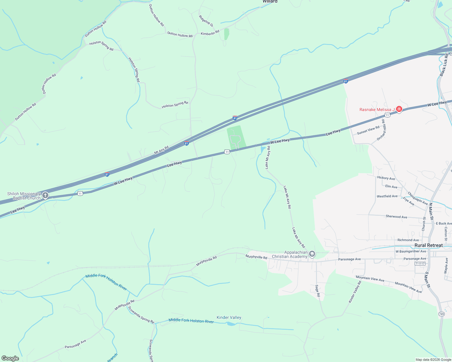 map of restaurants, bars, coffee shops, grocery stores, and more near Estate Lane in Rural Retreat