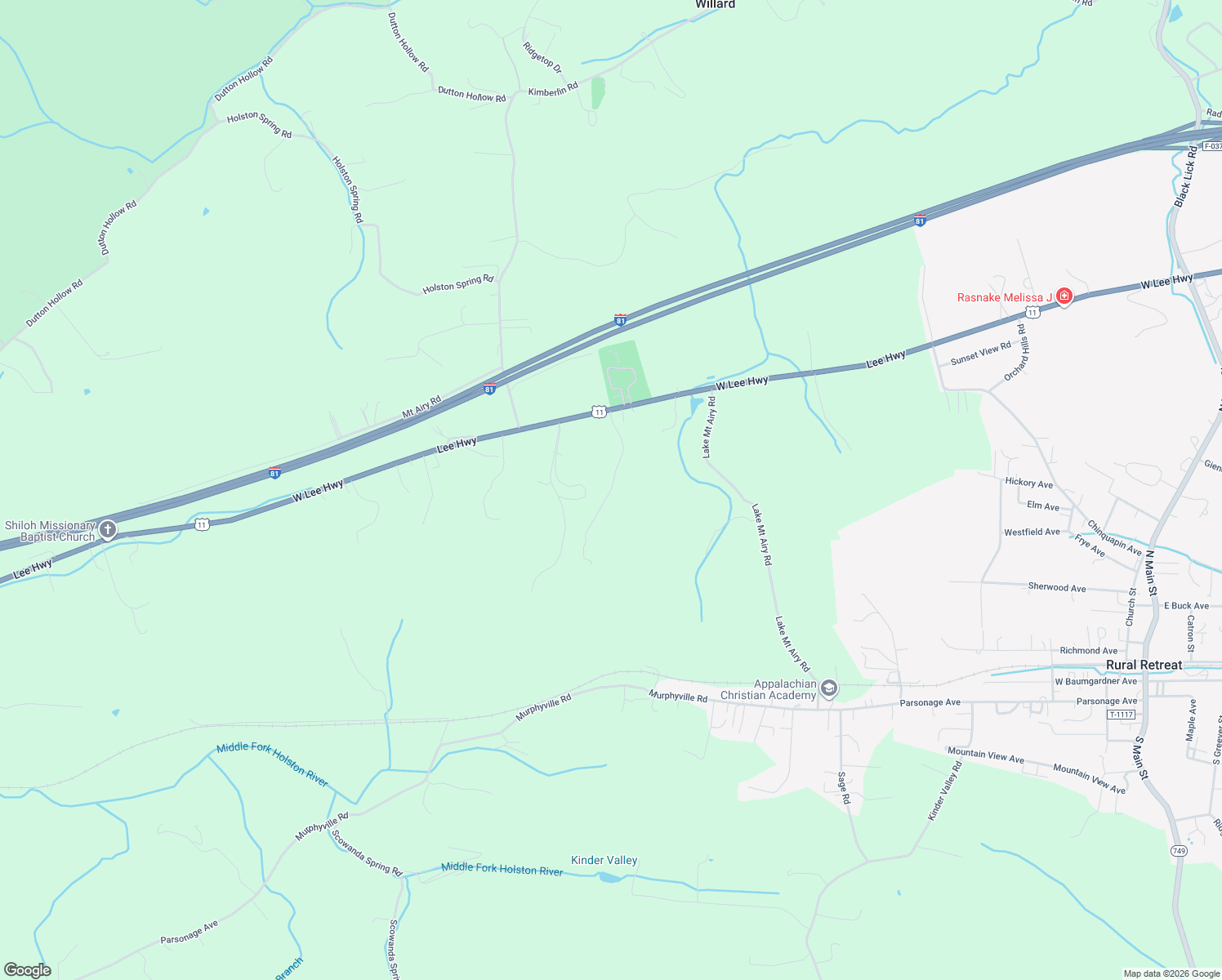 map of restaurants, bars, coffee shops, grocery stores, and more near Estate Lane in Wythe County