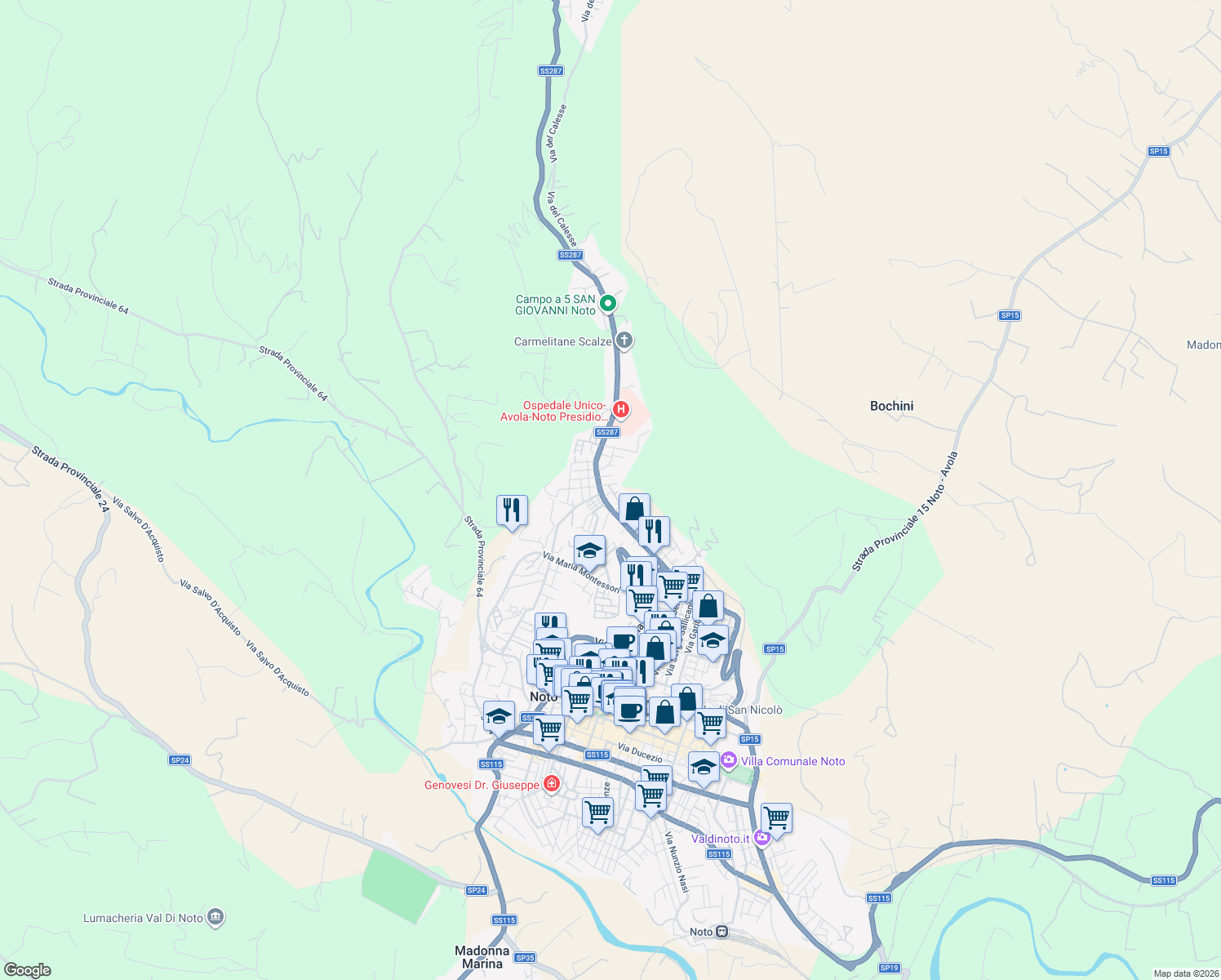 map of restaurants, bars, coffee shops, grocery stores, and more near in Noto