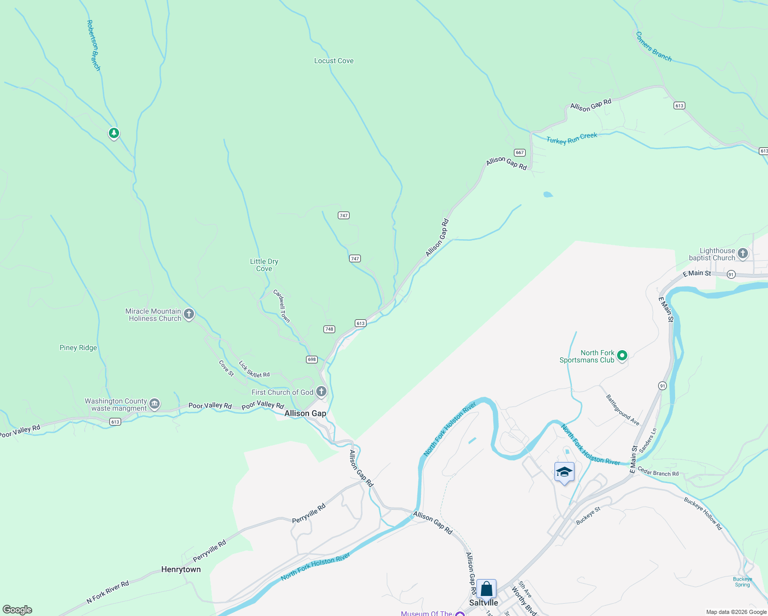 map of restaurants, bars, coffee shops, grocery stores, and more near County Road 613 in Saltville
