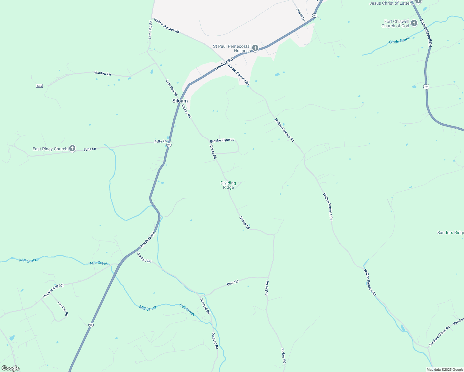 map of restaurants, bars, coffee shops, grocery stores, and more near Rickey Road in Max Meadows