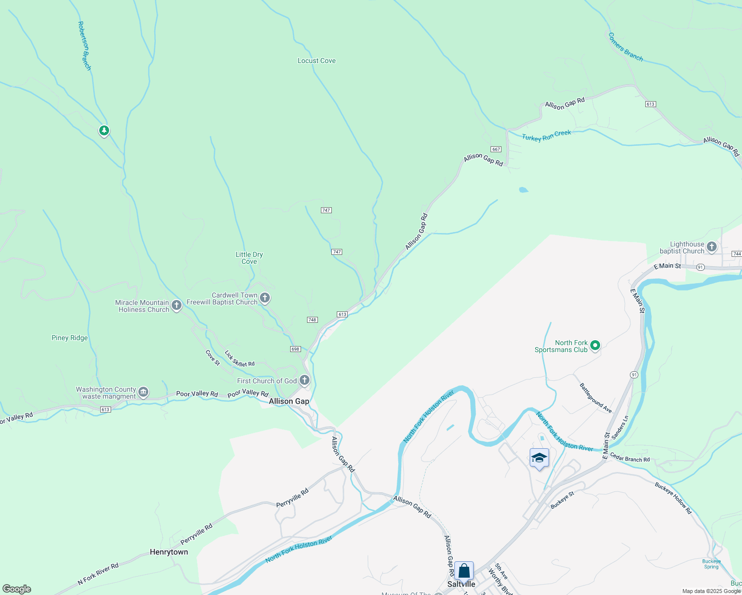 map of restaurants, bars, coffee shops, grocery stores, and more near 1111 Allison Gap Road in Saltville