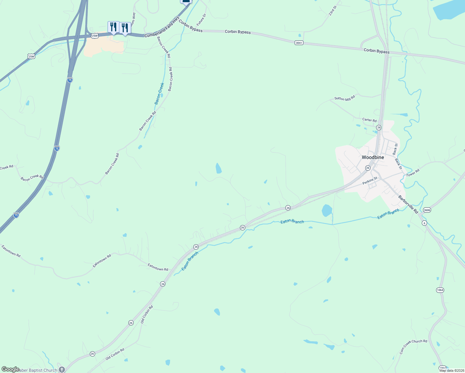 map of restaurants, bars, coffee shops, grocery stores, and more near Lloyd Hol Road in Corbin