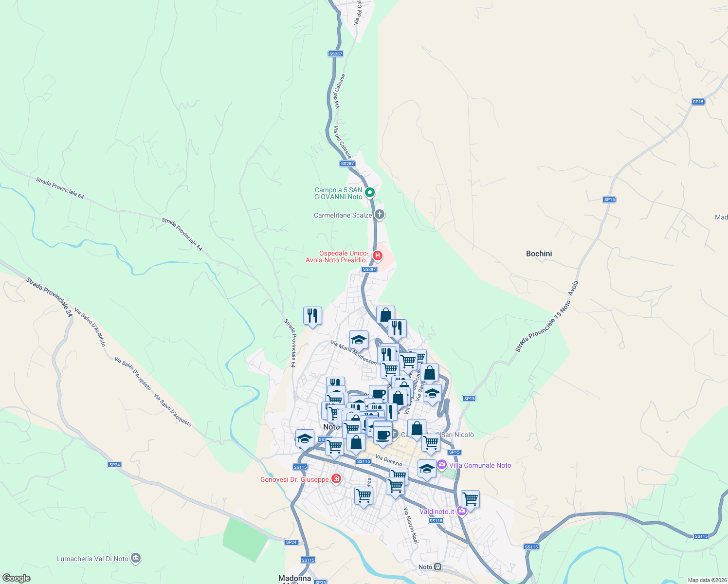 map of restaurants, bars, coffee shops, grocery stores, and more near 10 Via Luigi Pirandello in Noto