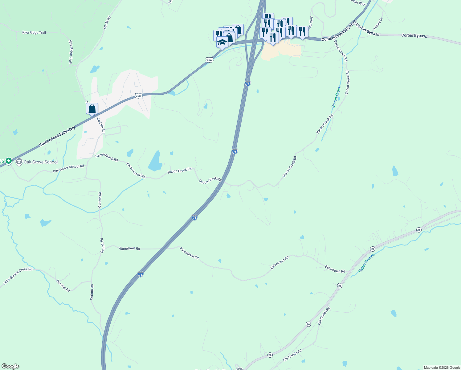 map of restaurants, bars, coffee shops, grocery stores, and more near 195 Bacon Creek Road in Corbin