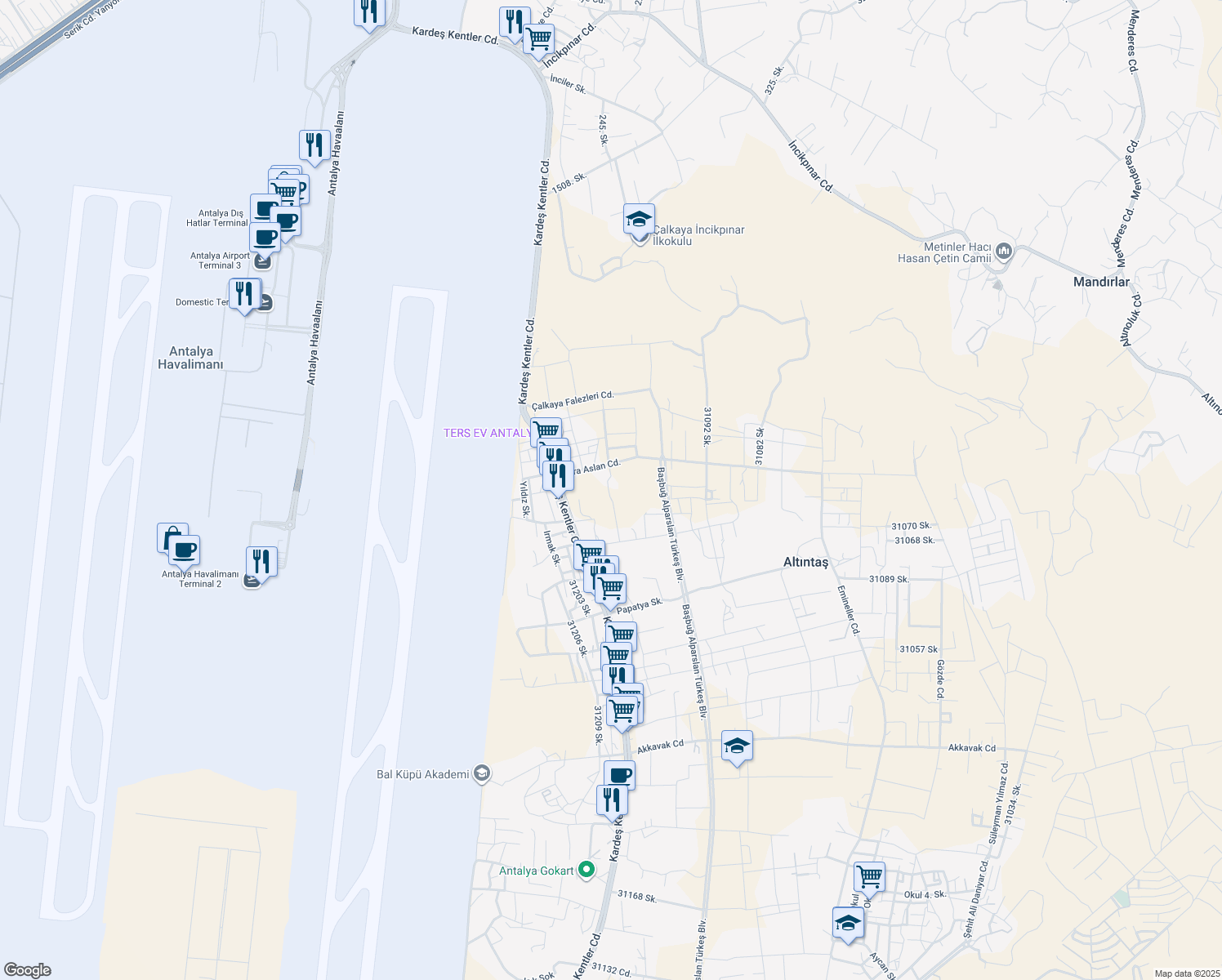 map of restaurants, bars, coffee shops, grocery stores, and more near No:1 Kara Aslan Caddesi in Aksu