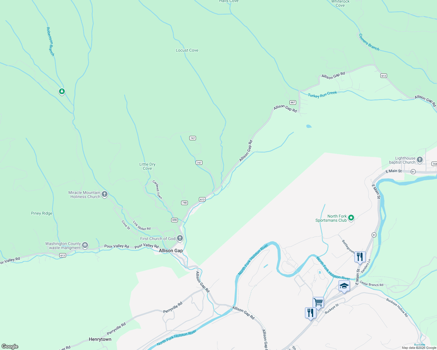 map of restaurants, bars, coffee shops, grocery stores, and more near 112 Falling Rock Road in Saltville