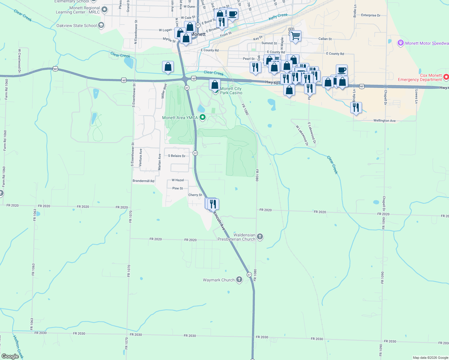 map of restaurants, bars, coffee shops, grocery stores, and more near 117 E Hazel St in Monett