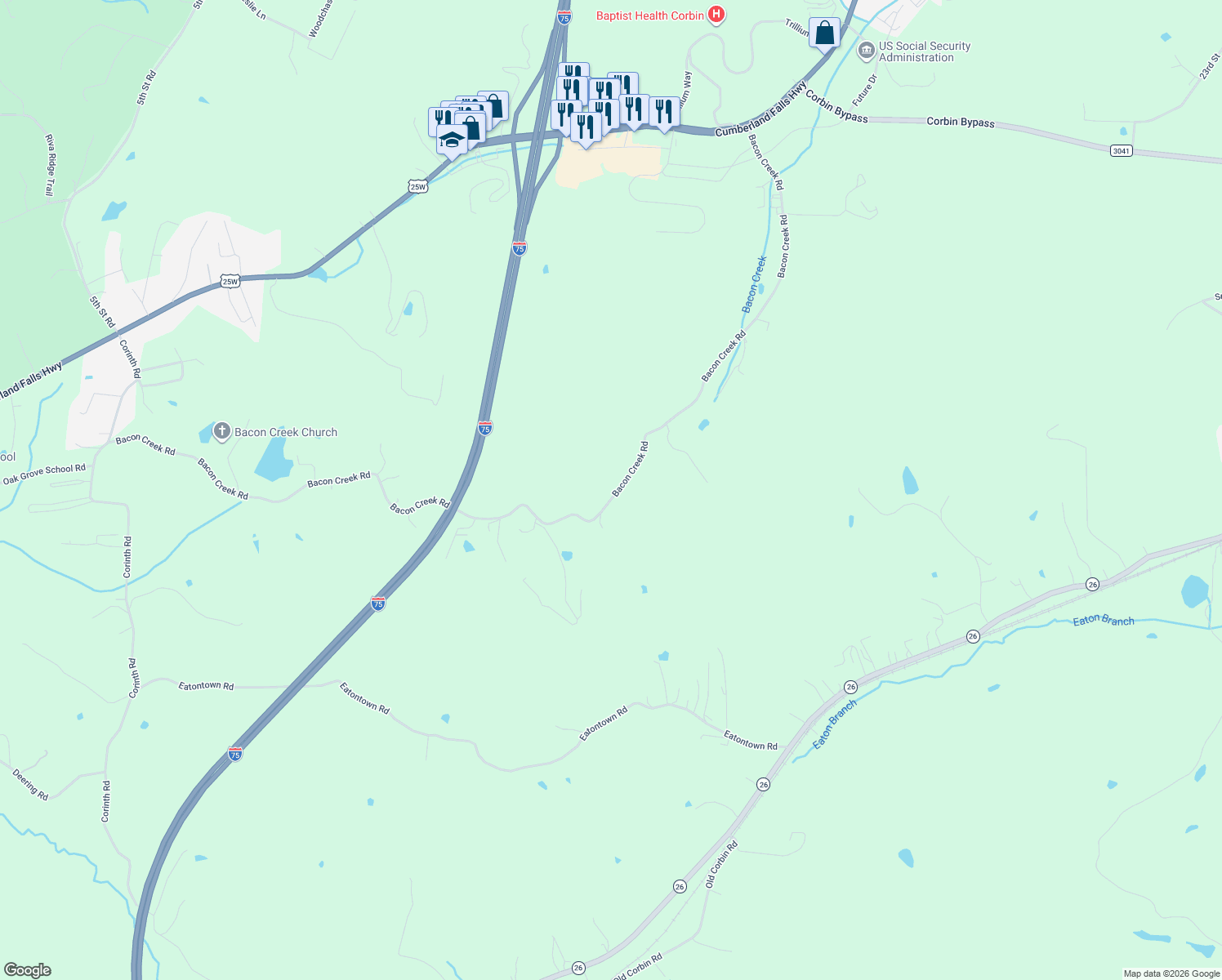 map of restaurants, bars, coffee shops, grocery stores, and more near 1326 Bacon Creek Road in Corbin