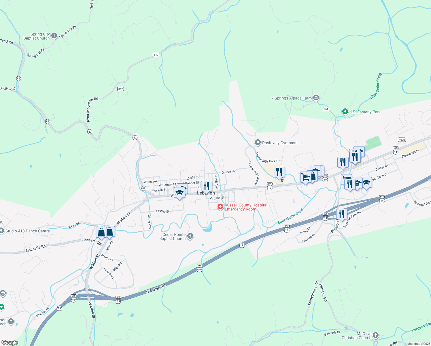 map of restaurants, bars, coffee shops, grocery stores, and more near Gilmer Street in Lebanon
