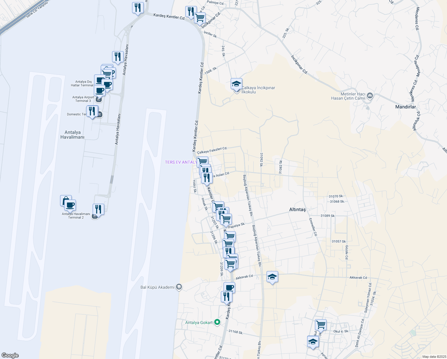 map of restaurants, bars, coffee shops, grocery stores, and more near No:1 Kara Aslan Caddesi in Aksu