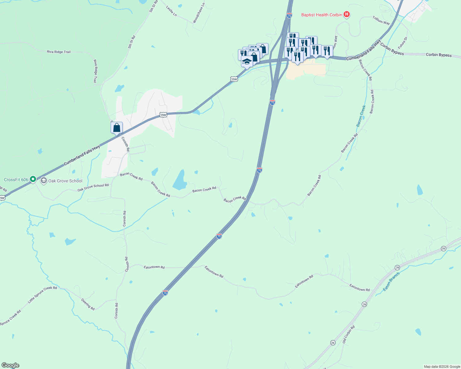 map of restaurants, bars, coffee shops, grocery stores, and more near 2080 Bacon Creek Road in Corbin