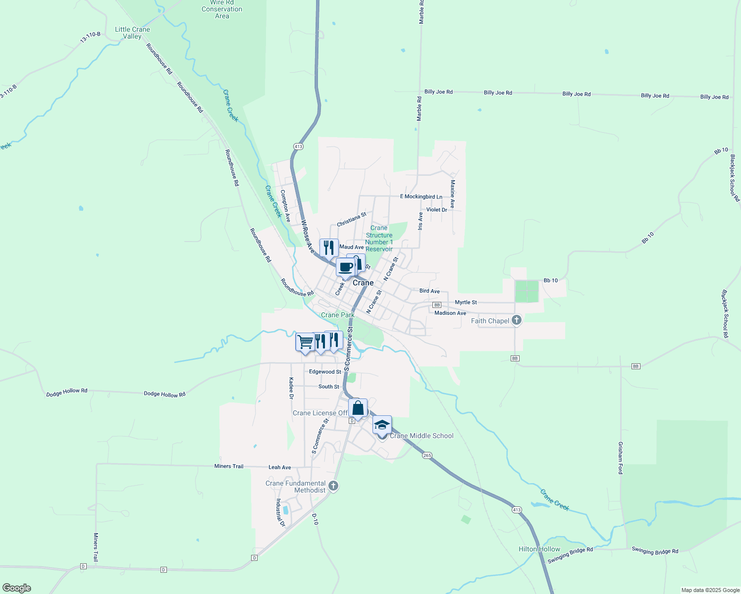 map of restaurants, bars, coffee shops, grocery stores, and more near 104 E Meadow Ave in Crane
