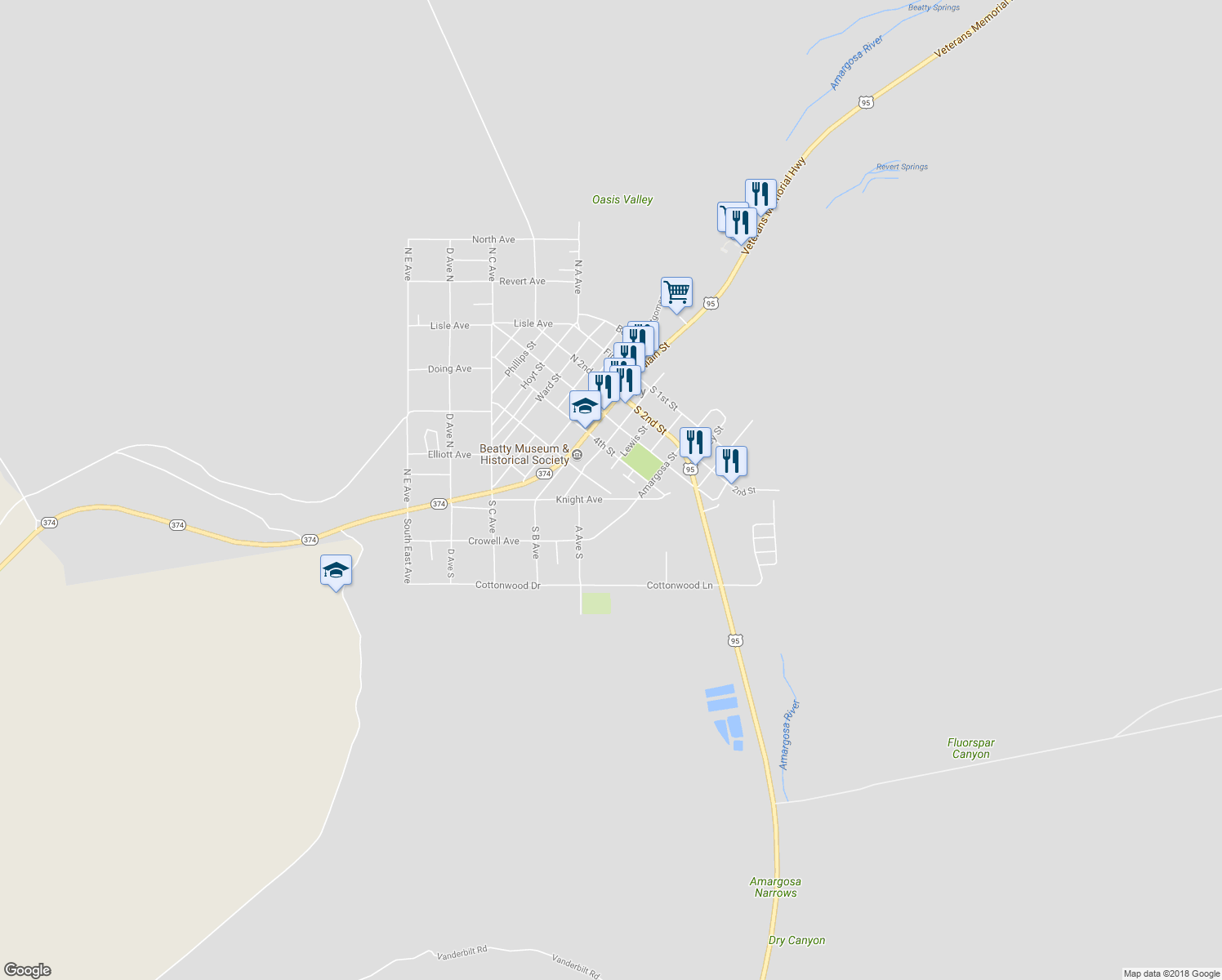 map of restaurants, bars, coffee shops, grocery stores, and more near 430 Mc Donald Street in Beatty