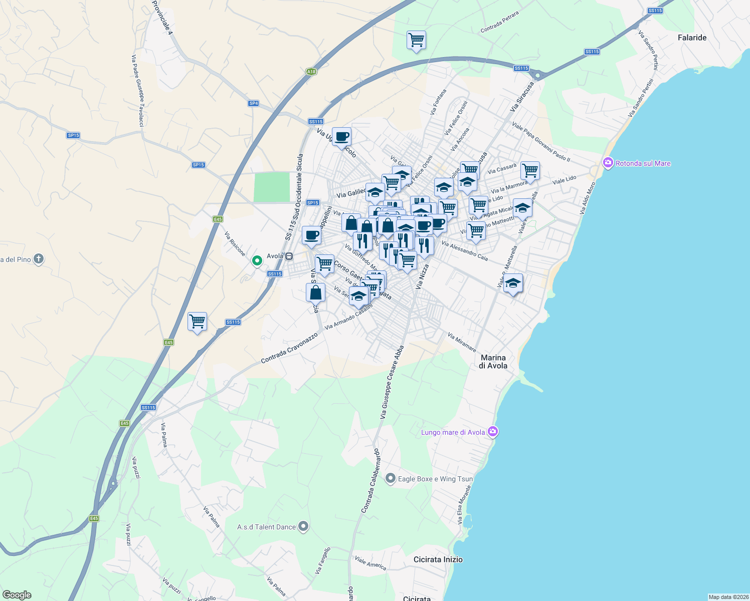 map of restaurants, bars, coffee shops, grocery stores, and more near 86A Via Edmondo de Amicis in Avola