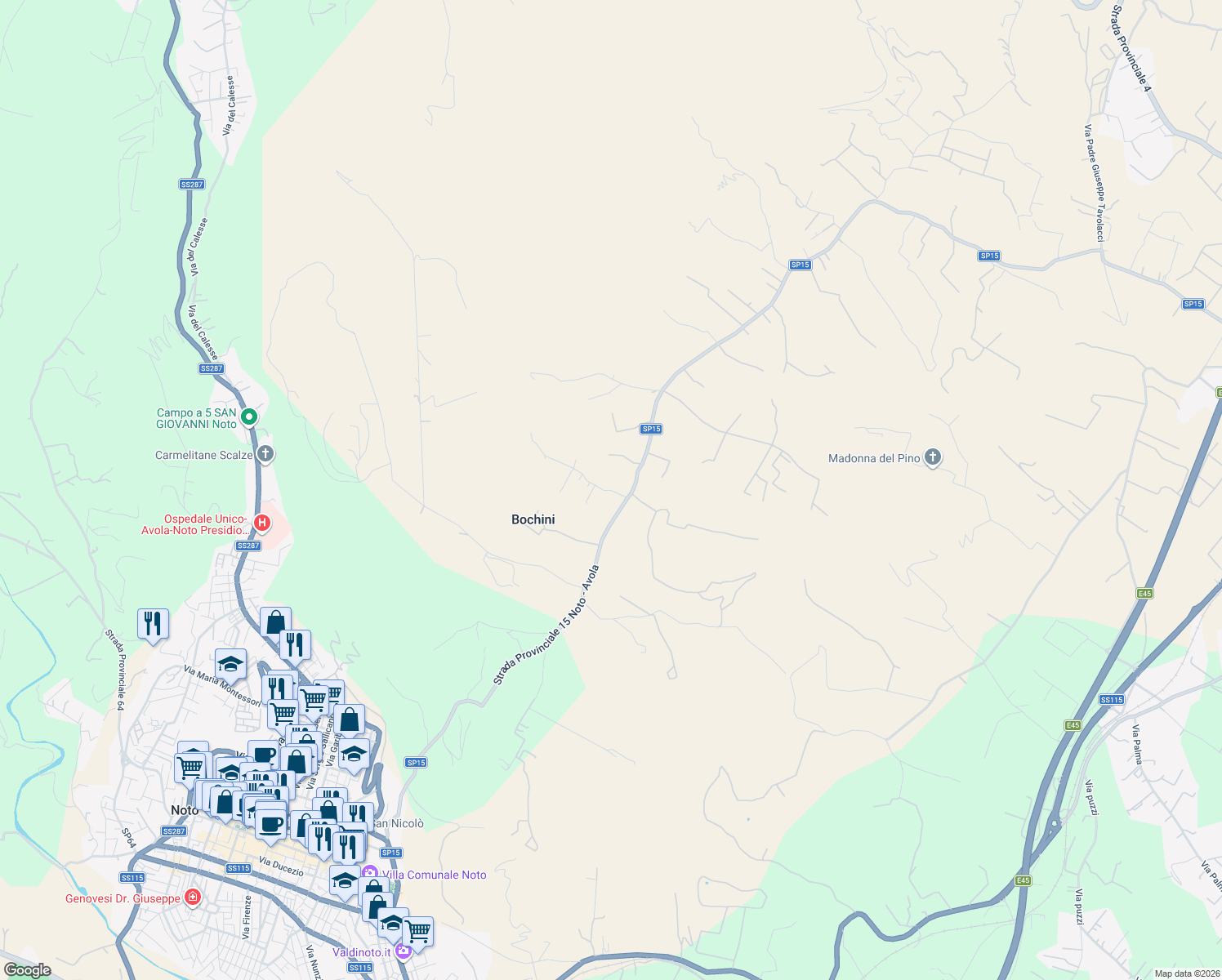 map of restaurants, bars, coffee shops, grocery stores, and more near Via Collina degli Ulivi in Bochini