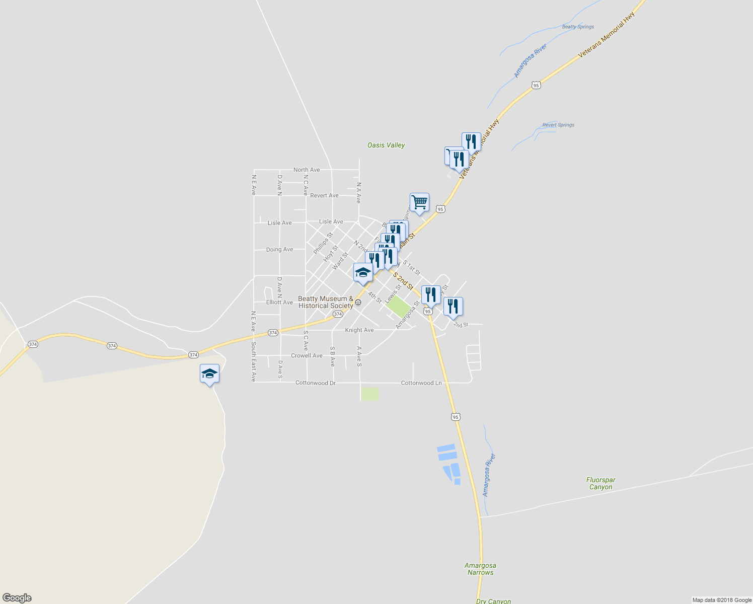 map of restaurants, bars, coffee shops, grocery stores, and more near 201 4th Street in Beatty