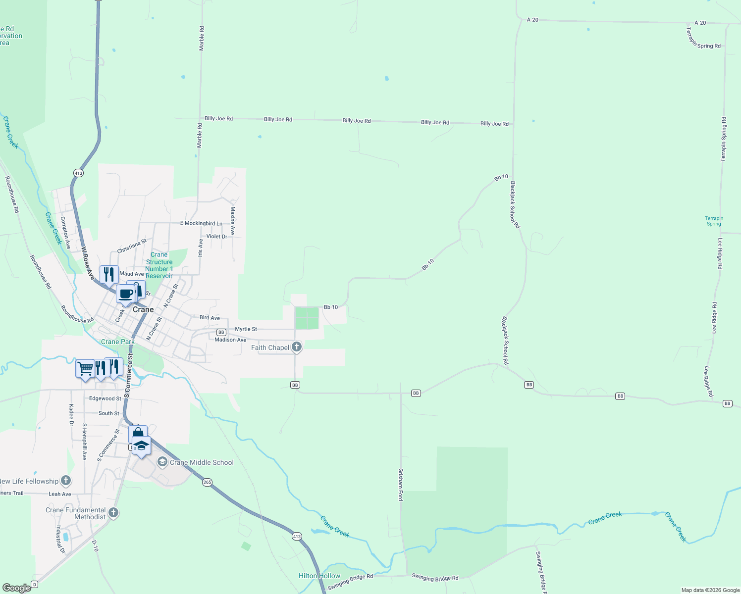 map of restaurants, bars, coffee shops, grocery stores, and more near 1464 Blackberry Lane in Crane